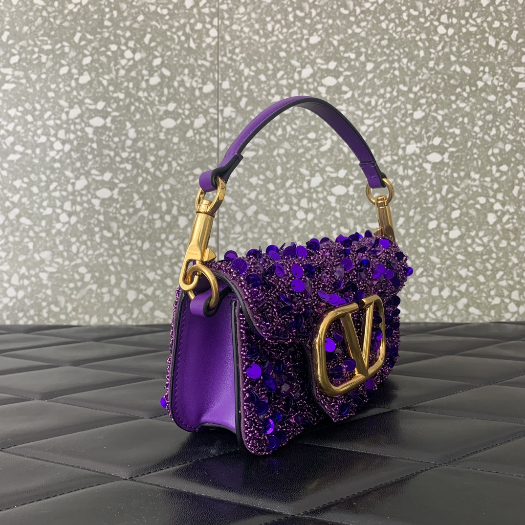 Valentino Garavani Loco Small Embroidered Shoulder Bag with Purple Beaded Fringes